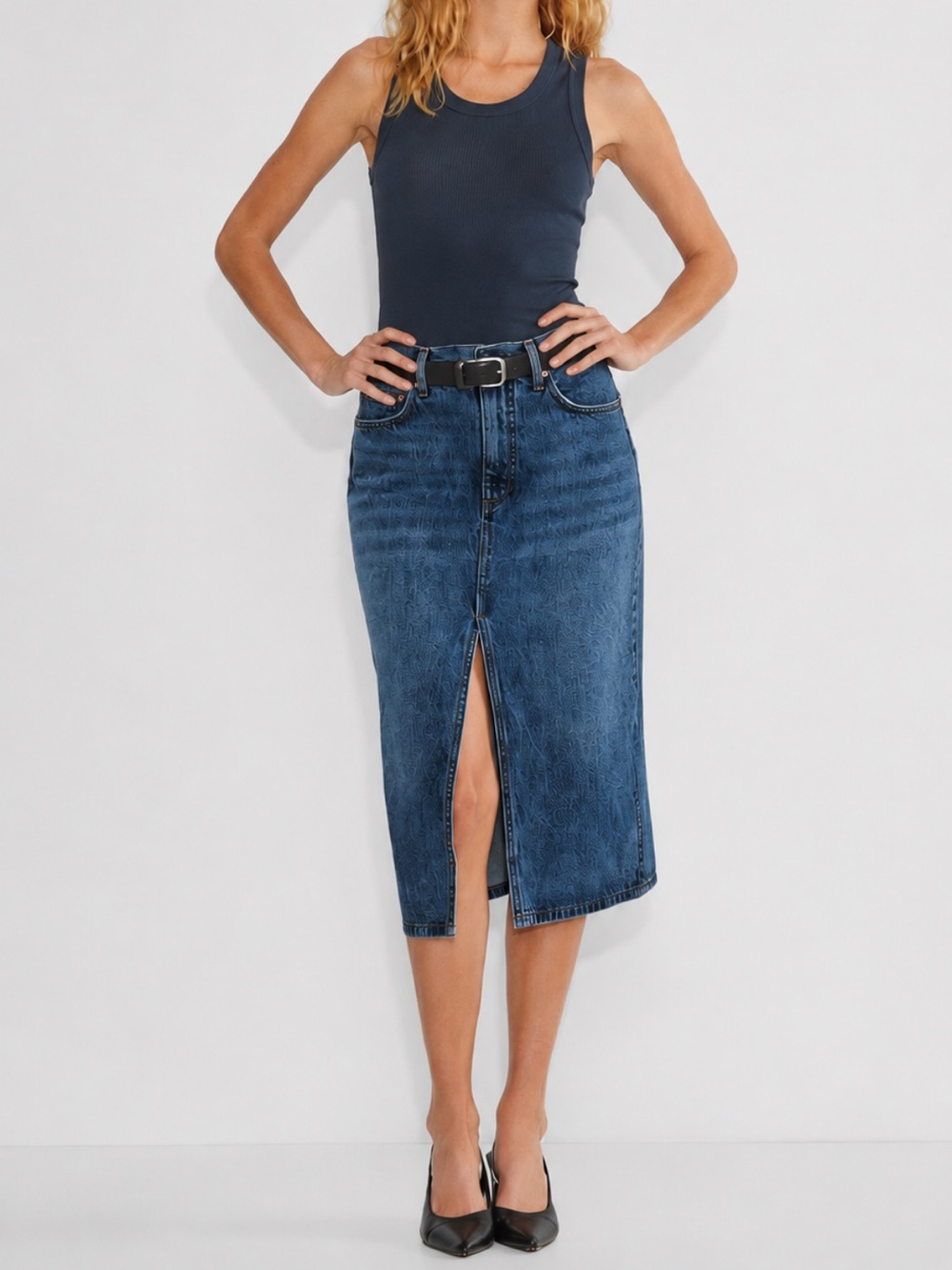 Denim Forum The ’90s Halle Denim Midi Skirt Front Slit Blue Jean Skirt Size 26